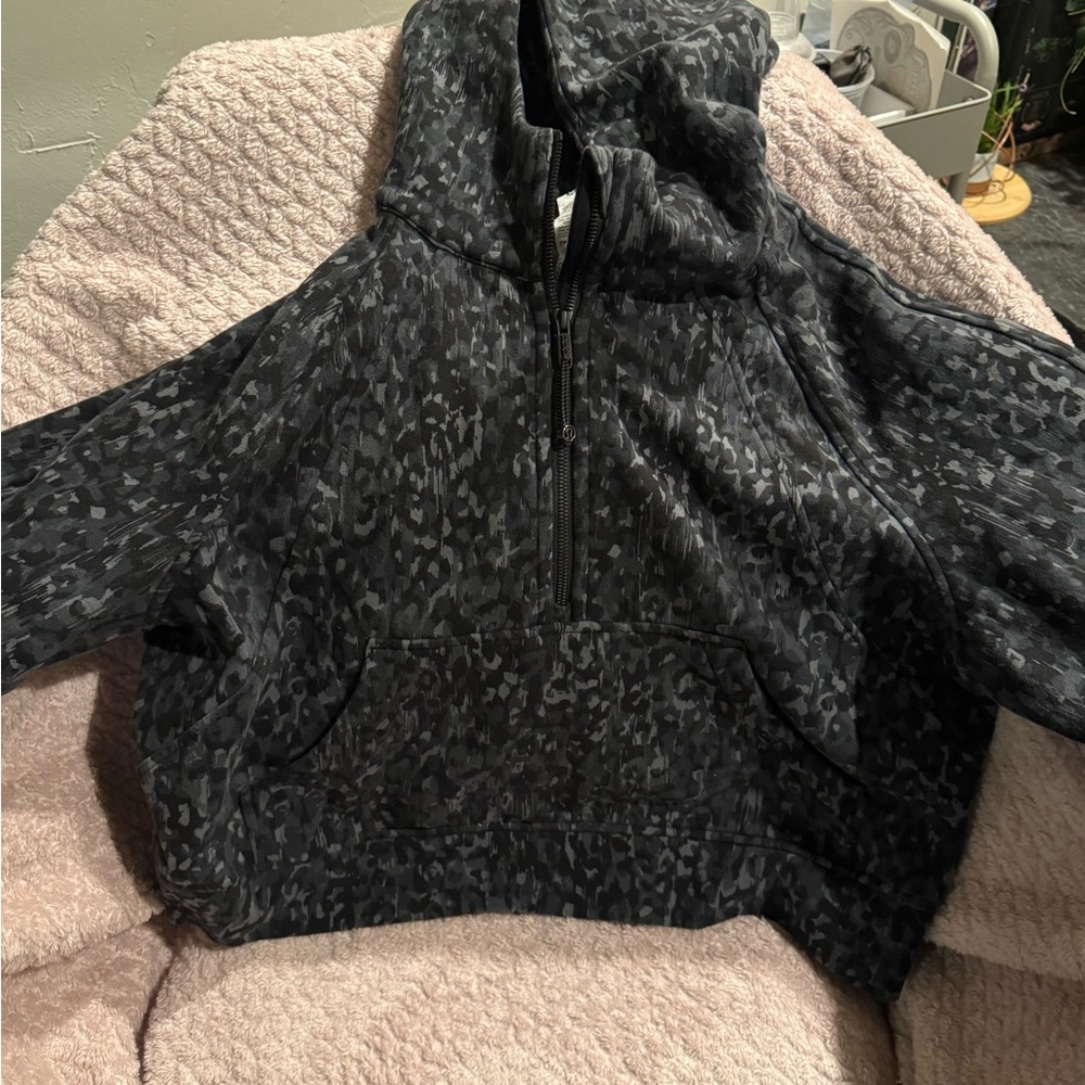 Black and Gray Patterned Scuba Oversized Half Zip Hoodie